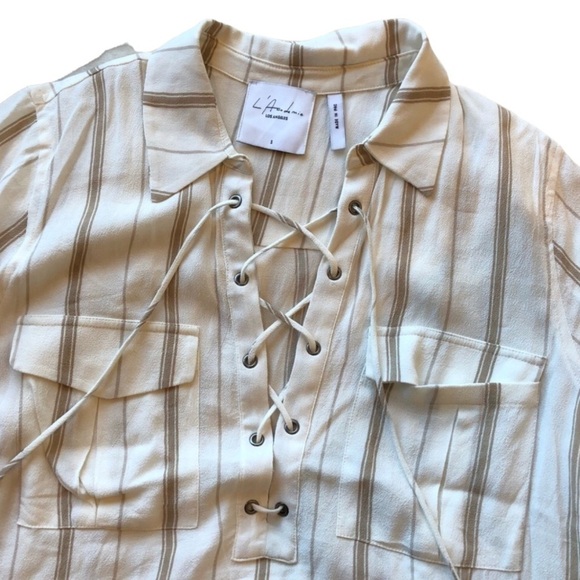 L’Academie Revolve Safari Lace Up Blouse Striped Womens Small - Picture 5 of 8